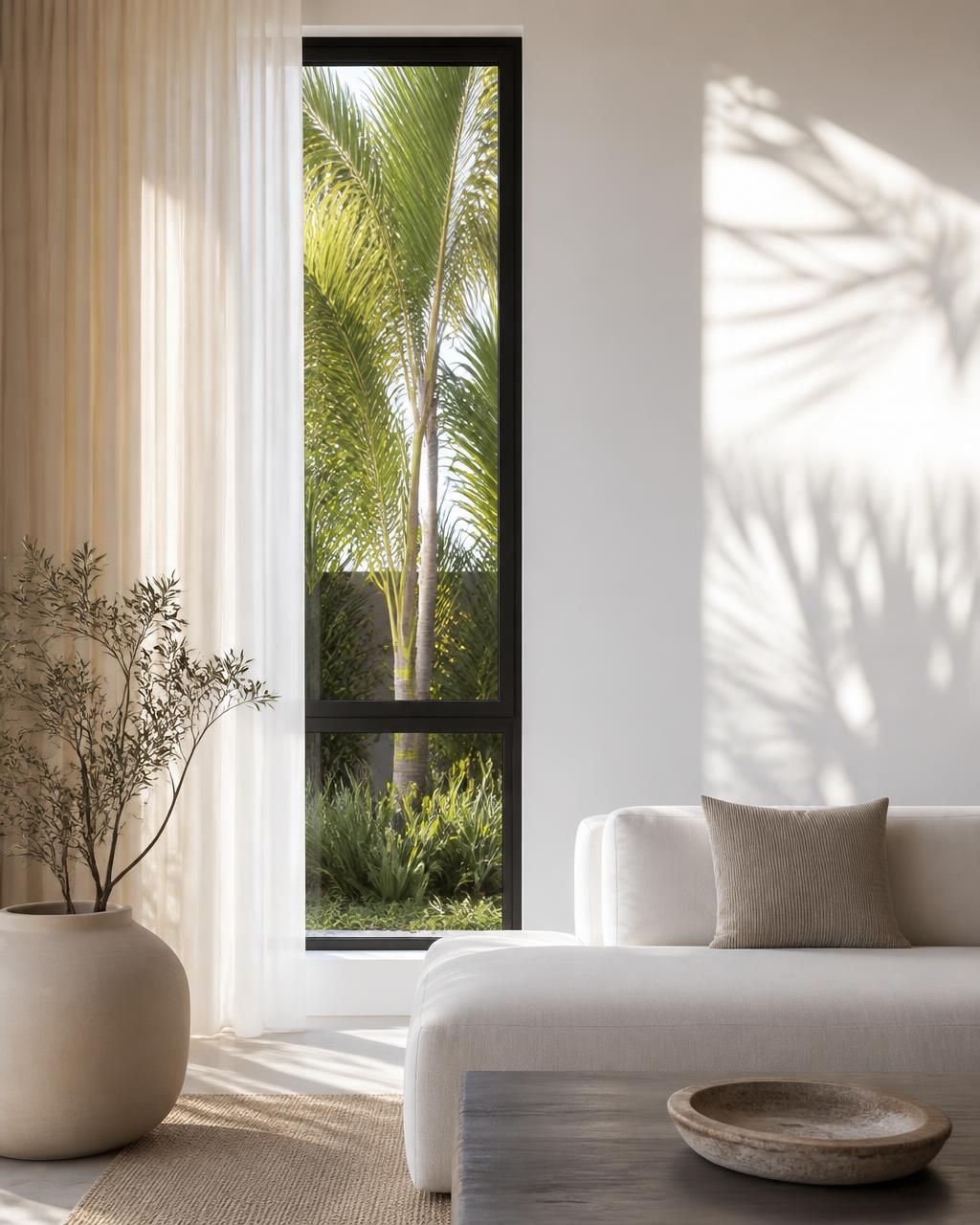 Slim black-framed impact window in a bright minimalist South Florida living room