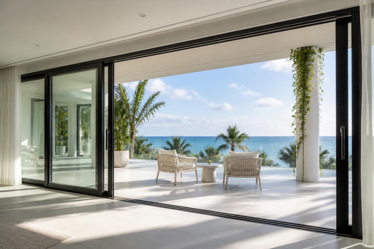 Floor-to-ceiling sliding glass door opening to an oceanfront terrace