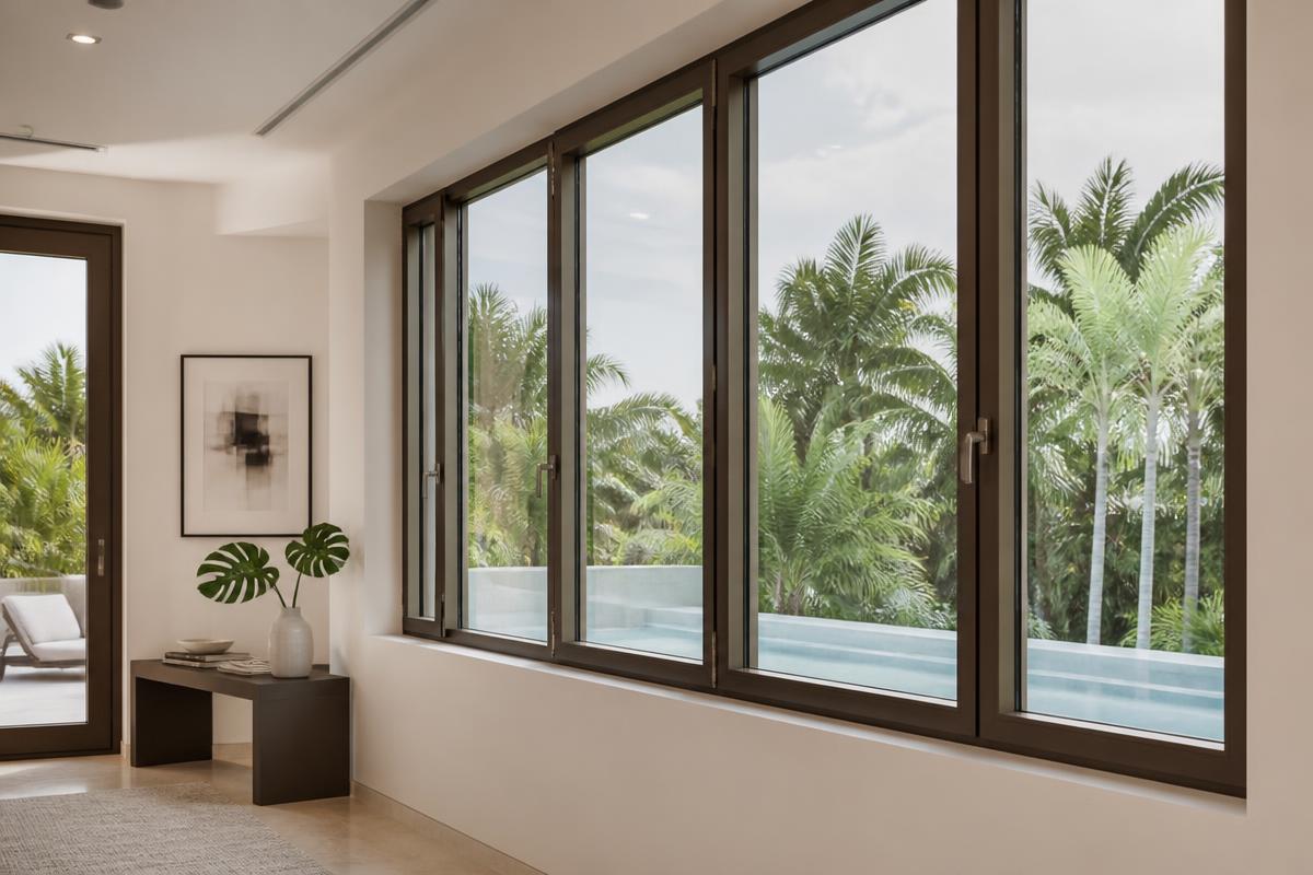 Bronze-framed casement impact windows overlooking a pool and palms