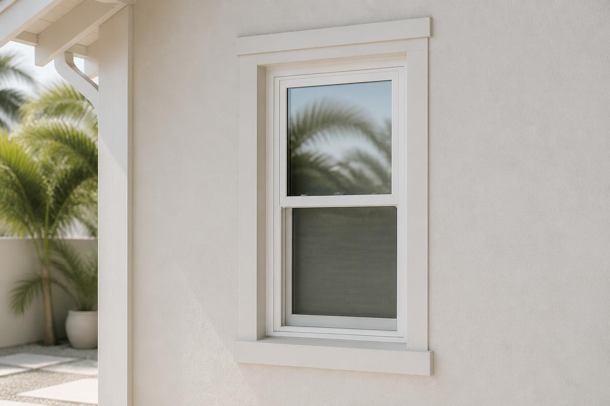 White single-hung impact window in a bright stucco wall